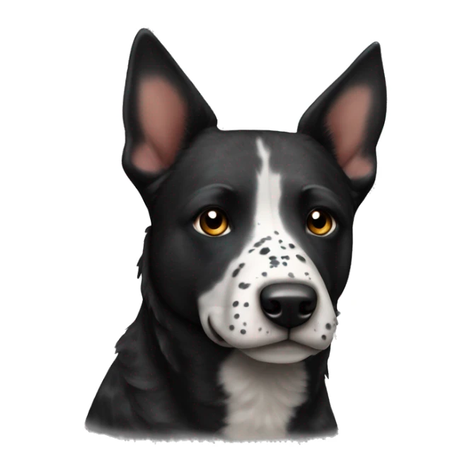 Black cattle dog with pointy ears and white be stripe down nose and spotty chest  sticker