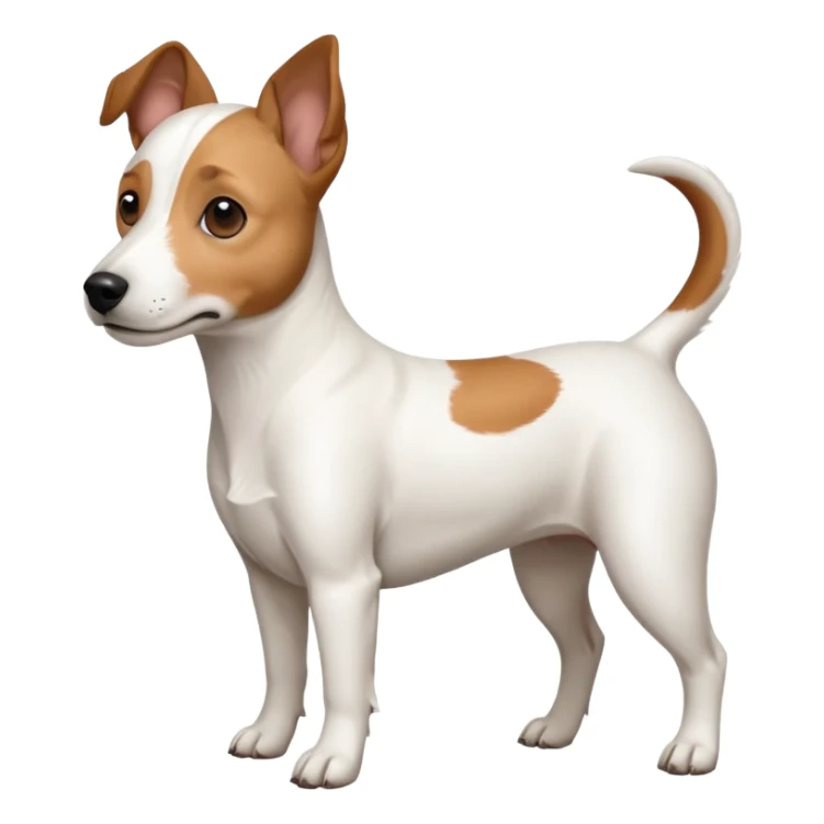 a full body white jack russel looking dog the size of a kelpie with light brown ears and a light brown patch on one eye, flopped down ears and a large snout sticker