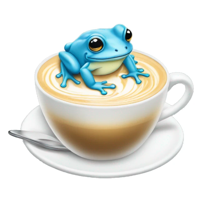 hand drawn baby blue frog sipping a latte with with latte art sticker
