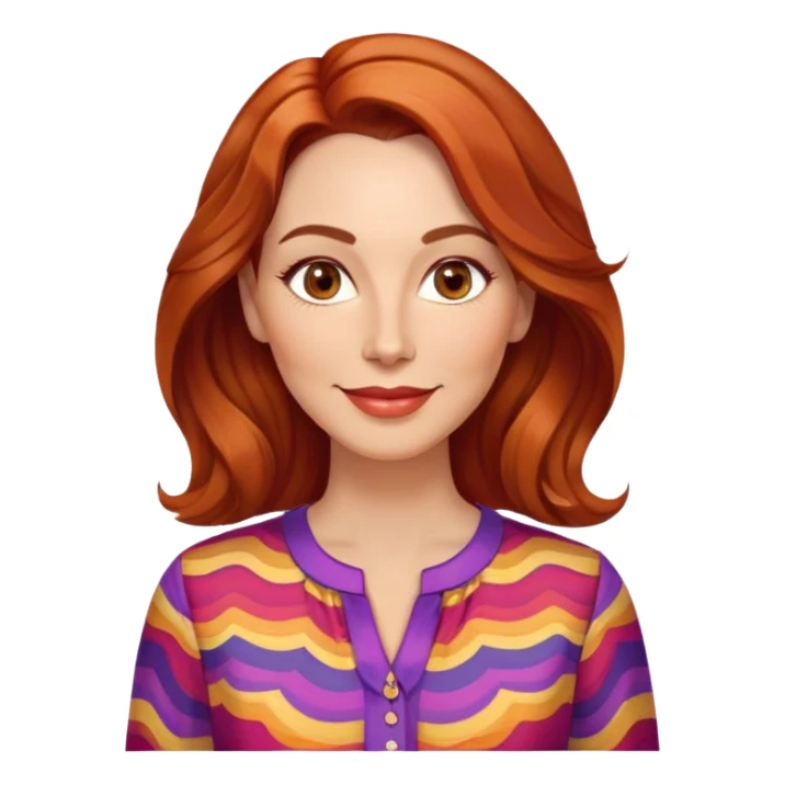 Woman in her 40s with elongated face, soft features, prominent cheekbones, friendly warm smile, medium almond-shaped brown eyes, defined eyebrows, straight nose, medium lips, vibrant red wavy hair, wearing a colorful blouse sticker