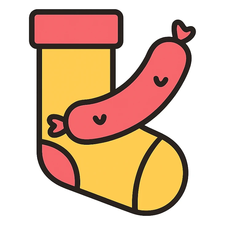 playful icon of a sock with a sausage, simple and bold, clear lines, minimal color palette, suitable for an app icon sticker