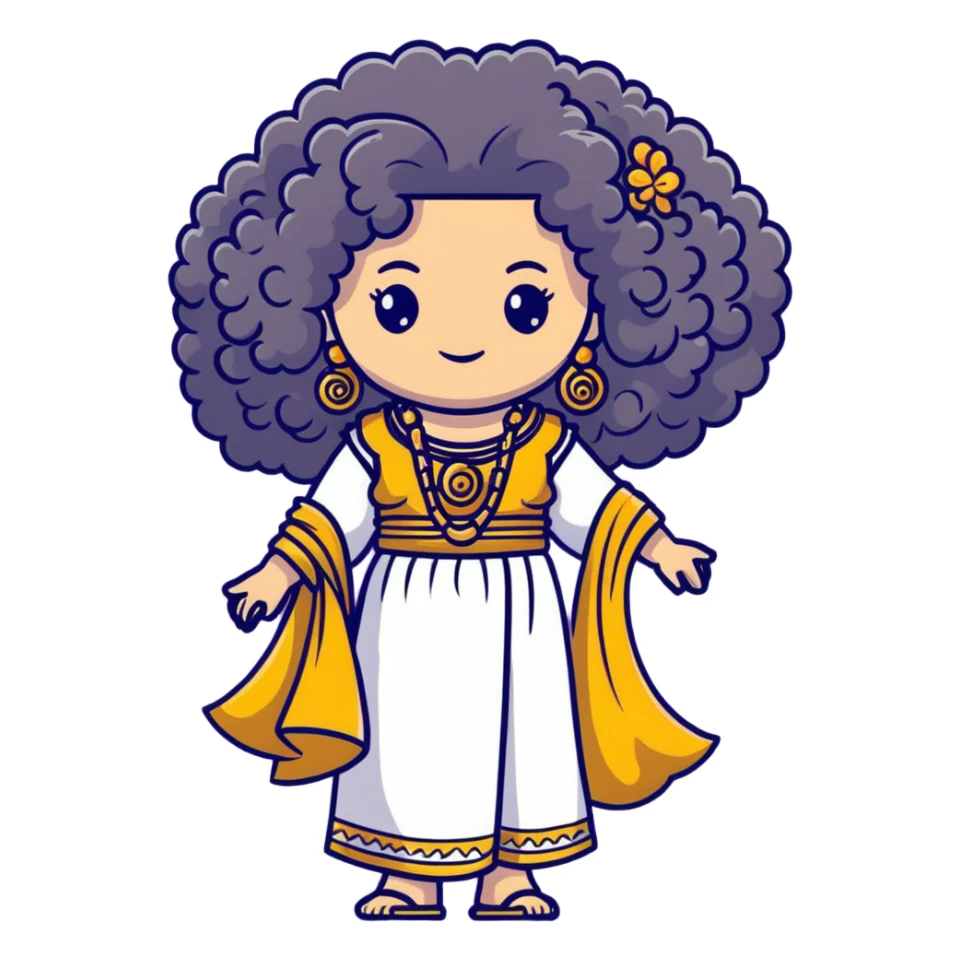 Stunning Greek-inspired character with massive voluminous curly hair flowing down, ornate traditional jewelry, and cute stylish Greek clothing sticker