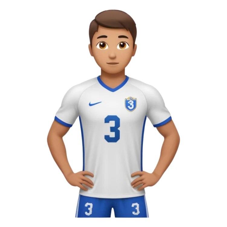 Apple emoji style 23 year old soccer player standing confident pose, white jersey #3, ultra detailed 3D sticker