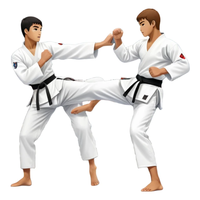 Two taekwondo fighters in traditional white doboks with black belts compete in a dynamic match. One delivers a high kick, while the other blocks using their knee. The background features a professional arena with bright lights and spectators. Transparent background. sticker