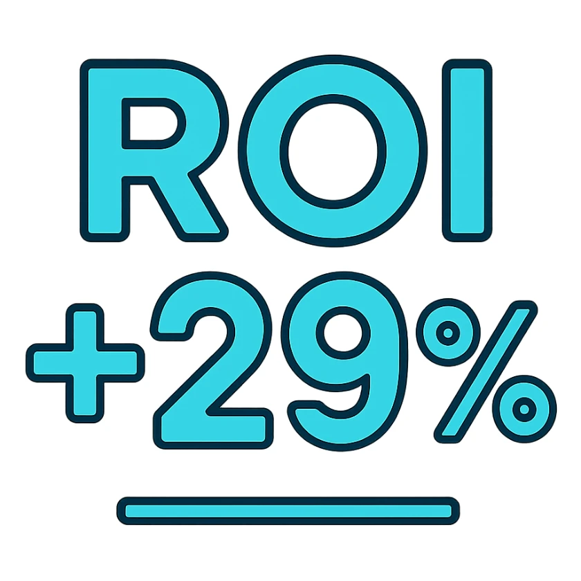 text 'ROI +29%' in bold font, light cyan blue color, lineal color icon style with black outlines sticker