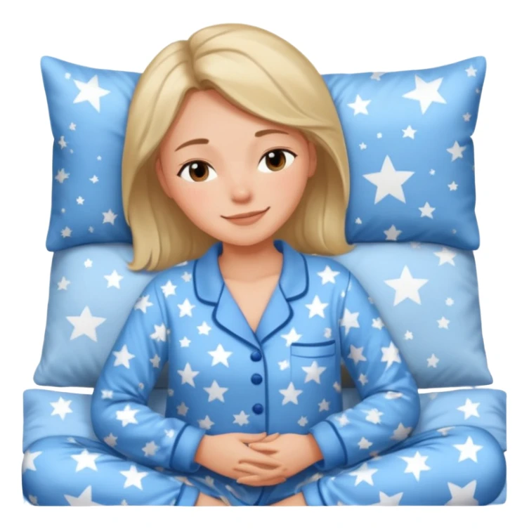{
      "type": "human",
      "look": "woman in star-print pyjamas, soft blue set, sleepy smile",
      "description": "a woman in soft blue star-print pyjamas smiling sleepily"
    } sticker