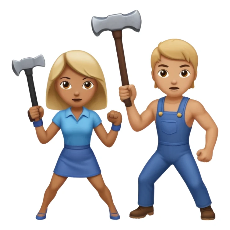 woman fightng man with a hammer and winning sticker