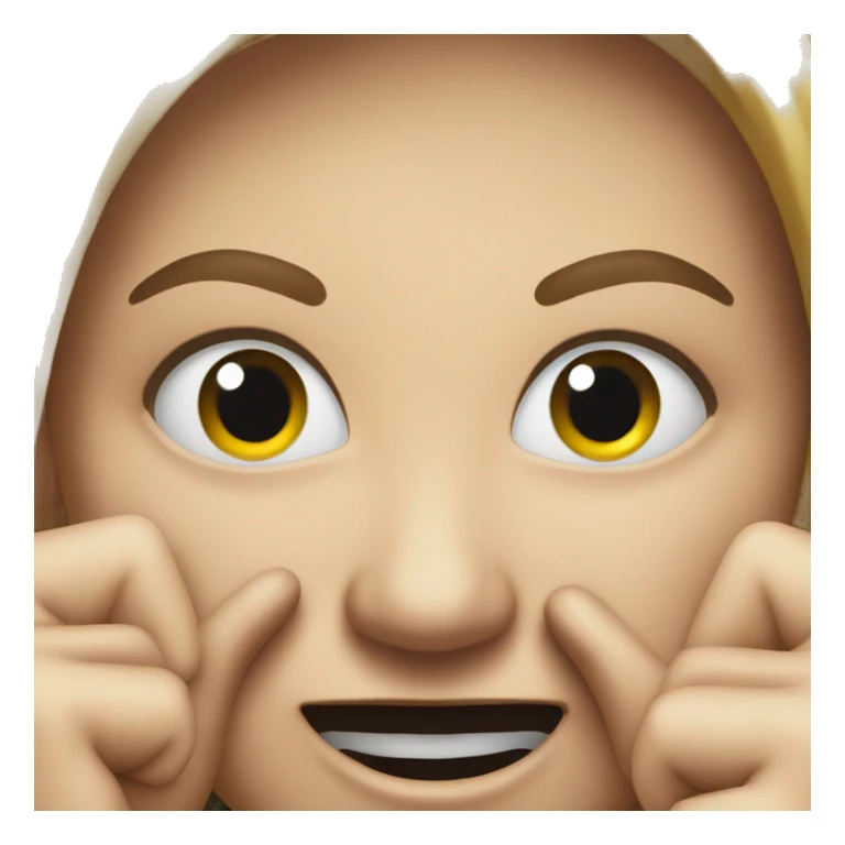 Provocative smiling face. Hands pointing to mouth. Not from close up but from far away. sticker