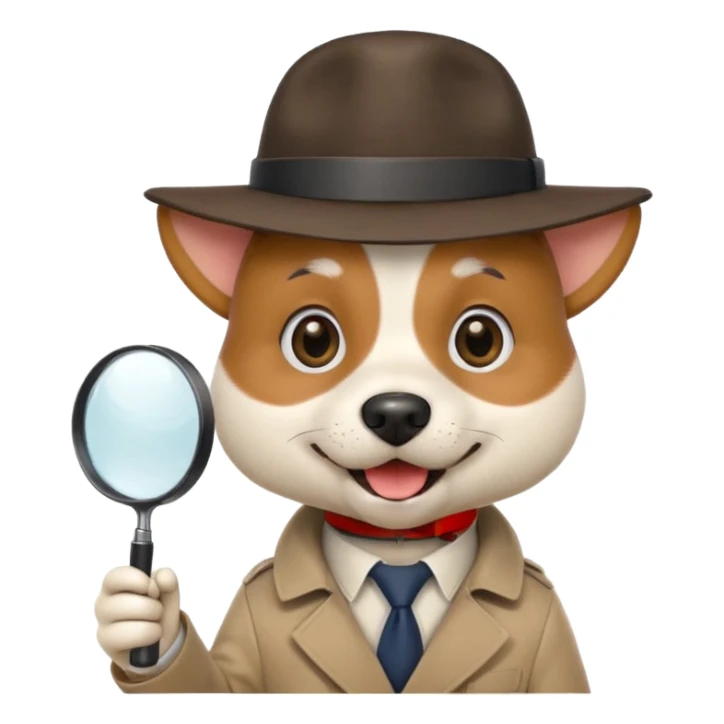 smiling dog emoji, detective hat tilted, holding magnifying glass in mouth, clean iconic style, apple emoji style sticker