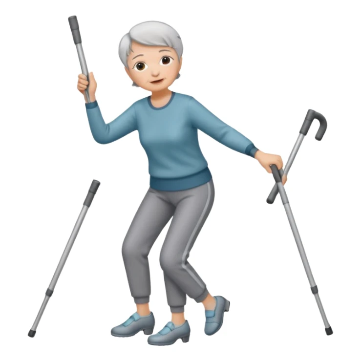 elderly woman with pants, short grey hair, and dancing th crutches                    and with a sorry look sticker