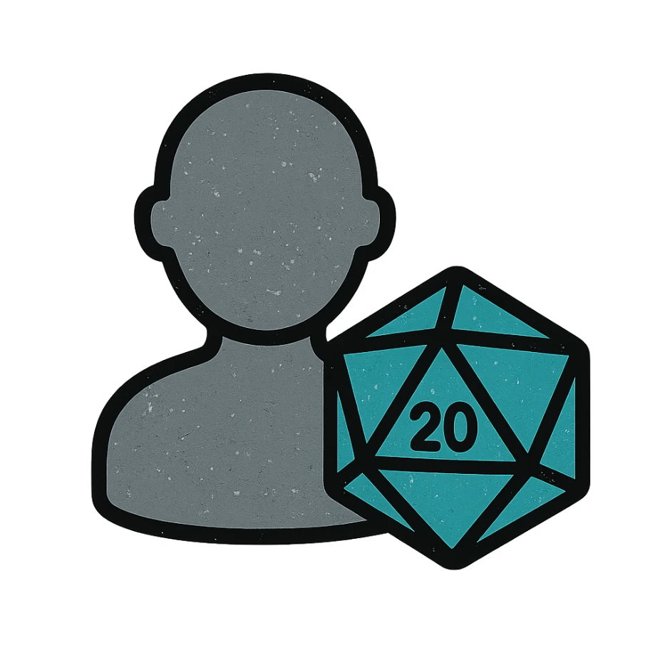 minimalist gray icon of a player silhouette with a D20 dice, worn distressed look sticker
