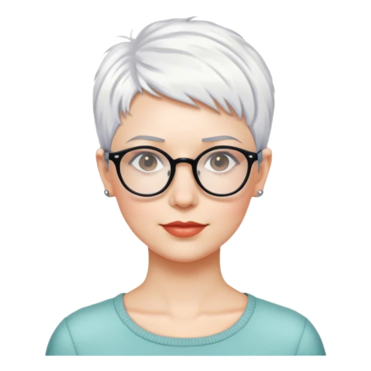 White woman with cropped short pixie white hair, glasses sticker