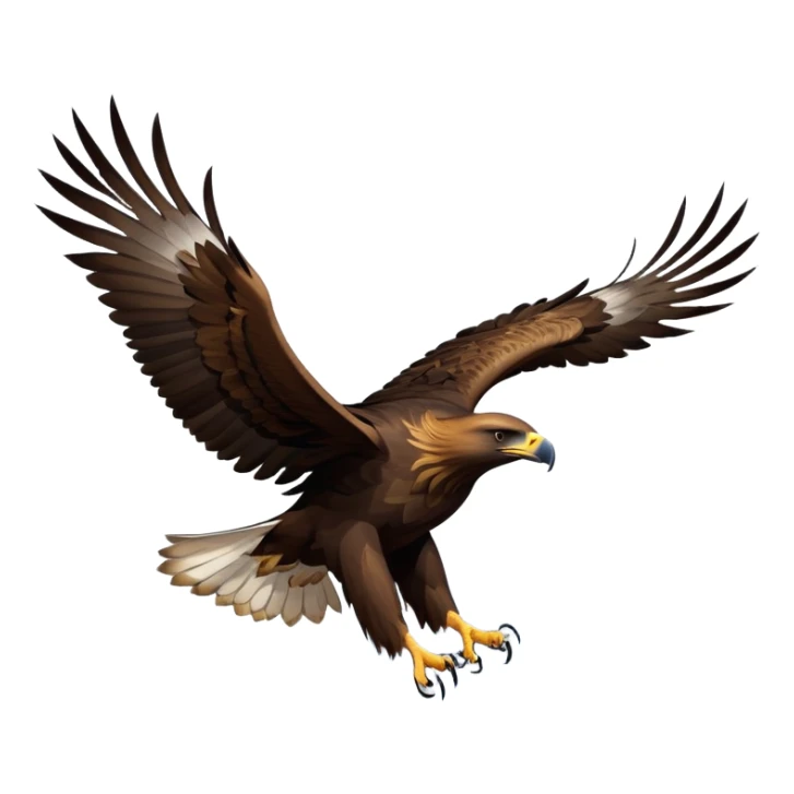 cinematic-golden eagle-realistic-full-body-soaring-emoji,-massive-wings-spread-wide-against-the-open-sky,-sharp-beak-curved-and-powerful,-piercing-golden-eyes-scanning-the-land-below,-strong-feathered-legs-tucked-tight,-dark-brown-feathers sticker