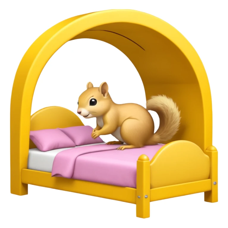 The features a bed themed as a large, cheerful, yellow squirrel. The squirrel's head forms an archway over the bed, with large black eyes, a small pink nose, and prominent white cheeks. The bed frame and arch are bright yellow with integrated yellow LED lighting running along the curves.  sticker