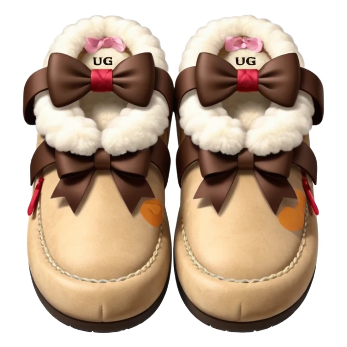 Beige fluffy ugg slippers with a dark brown bow sticker