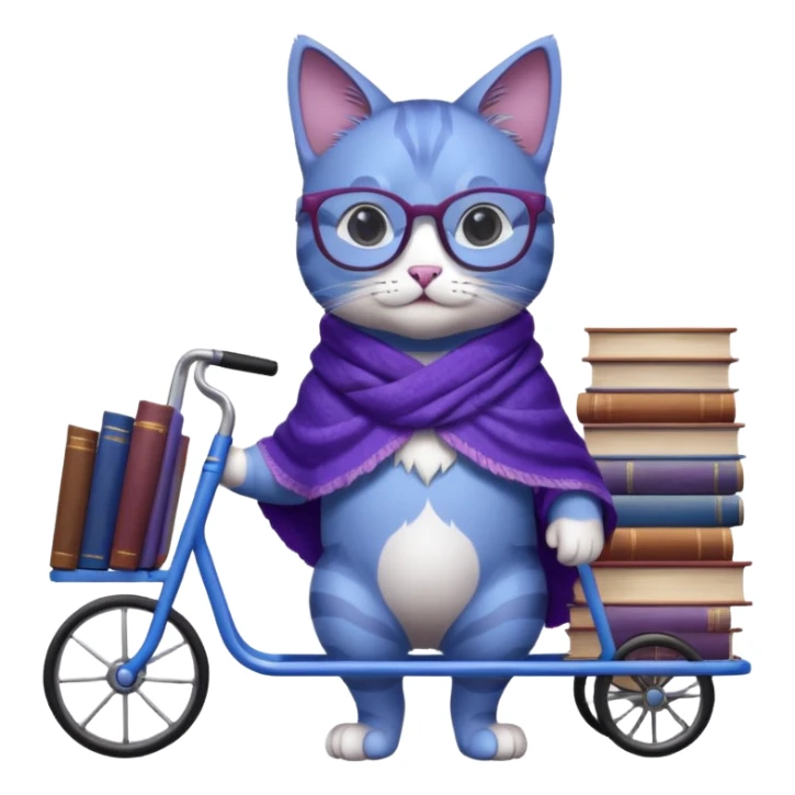 Purple and blue cat with reading glasses and a shawl, standing behind a cart full of books sticker