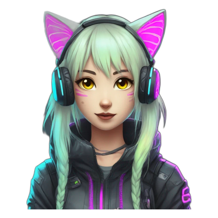 Anime cat gamer girl cyberpunk neon sticker