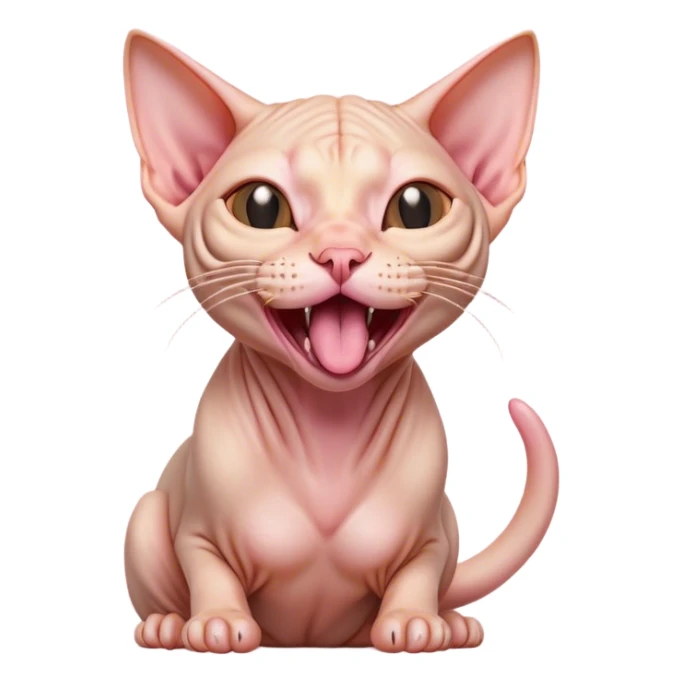 Cinematic Cute Yawning Sphynx Cat Portrait Emoji, Head tilted slightly with a dramatic, wide-open yawn, delicate, hairless skin in soft peach and pink tones, long, elegant limbs stretching lazily, piercing almond-shaped eyes that are barely open, Simplified yet irresistibly adorable features, highly detailed, glowing with a soft, cozy glow, high shine, relaxed yet expressive, stylized with a touch of whimsy, bright and endearing, soft glowing outline, capturing the essence of a sleepy yet affectionate kitty, so drowsy it feels like it could stretch right out of the screen and curl up for a nap! sticker