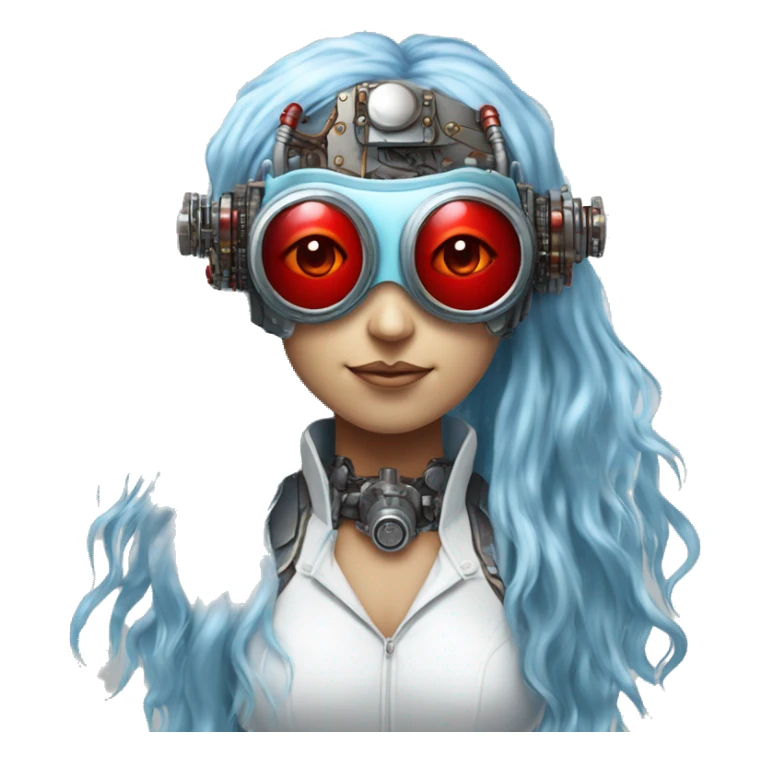 Light blue long hair female cyborg head with red steampunk goggles and circuits sticker