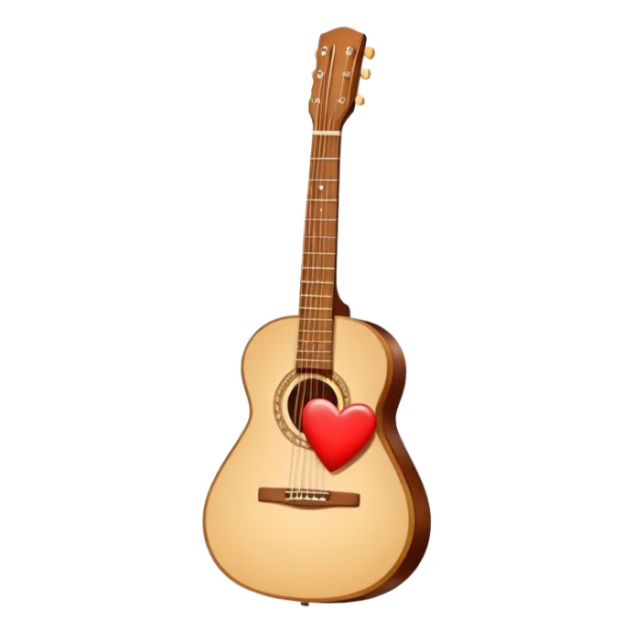 “Flat vector icon of a Cuban tres guitar in three-quarter view, warm brown, thick outline, centered on a warm cream or beige rounded-square (or circle); near the soundboard add a small red or pink heart with a soft glow and 2–3 tiny sparkles to suggest ‘soul’.  sticker