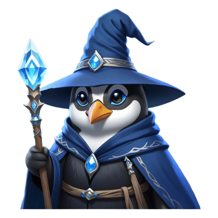 A mysterious penguin mage with sleek midnight-blue feathers, wearing a flowing black robe adorned with silver runes. A tall, pointed wizard hat sits slightly tilted on his head, the brim casting a shadow over his glowing icy-blue eyes. His flipper clutches an ancient wooden staff topped with a swirling crystal, radiating a soft, cold light. Snowflakes drift around him as he stands on a frozen cliff, his aura crackling with arcane energy, ready to summon a blizzard with a flick of his staff. sticker