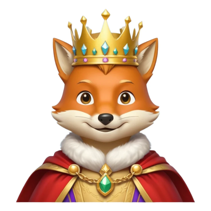 fox king portrait, head and shoulders only, elegant golden crown, noble cloak collar, clever confident smile, fantasy kingdom vibe, 3D cartoon, mobile game icon style, clean background, no text, no watermark
 sticker