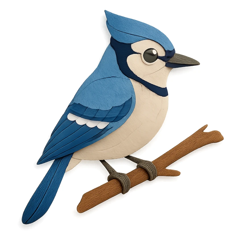 blue jay sitting on a branch, delicate paper layers, expressive eye, naturalistic pose sticker