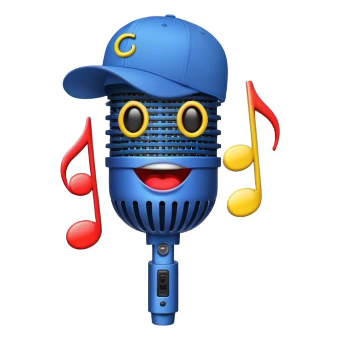 Create a bold and playful emoji that represents beatboxing. The design should feature a microphone with a cap placed on top, with large lips peeking out from under the cap. From the lips, bass clef symbols are bursting outward, symbolizing the vocal percussion and rhythm of beatboxing. Add soundwaves or beat patterns to reflect the energetic and creative nature of the art form. Use vibrant, bold colors like neon blue, red, and yellow to convey the street culture and intensity of beatboxing. The background should be transparent. sticker
