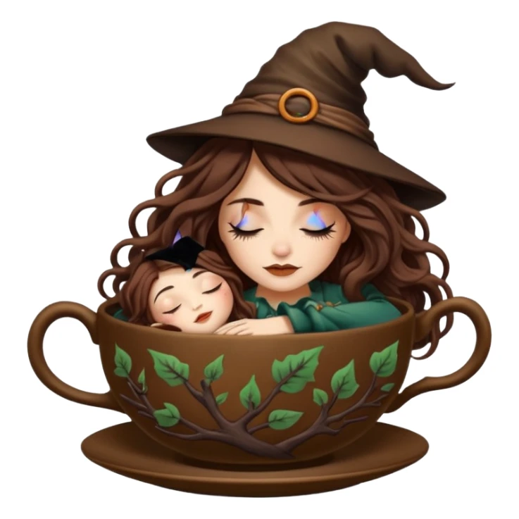cute forest witch woman long wavy brown hair tattoos sleeping inside teacup sticker