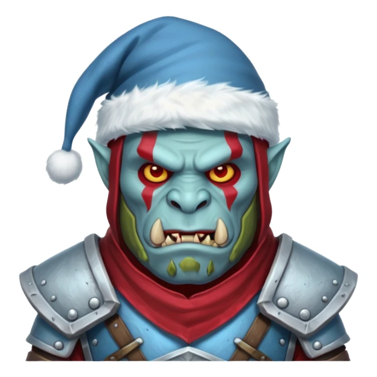 
Fantasy Christmas orc legion soldier icon, iron tundra army theme, heavy winter armor, disciplined brutal look, icy blue steel armor with deep crimson accents, frozen metal texture, cold winter atmosphere, male variant sticker