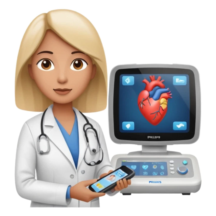 Cardiac sonographer with Philips ultrasound machine sticker