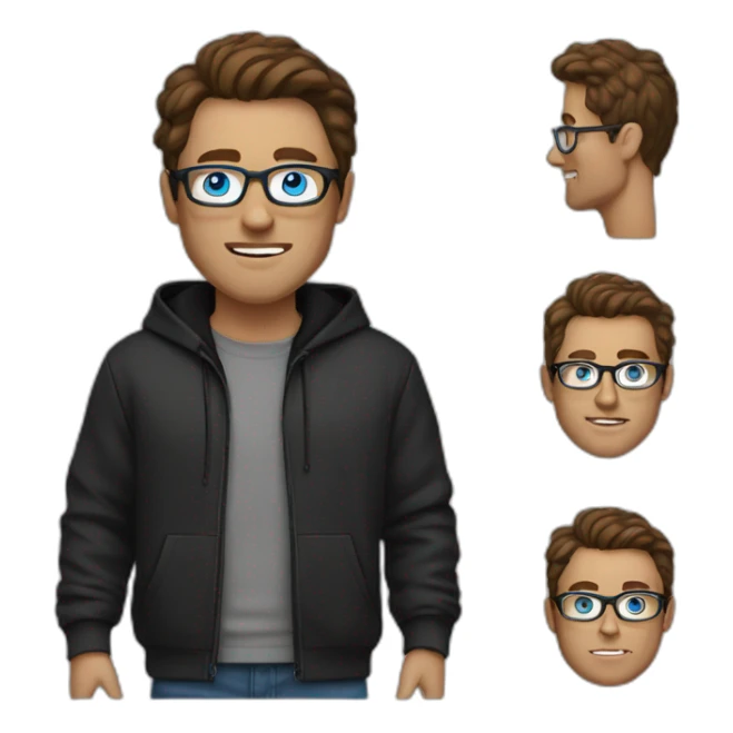 man with blue eyes, brown hair, black hoodie, silver glases sticker