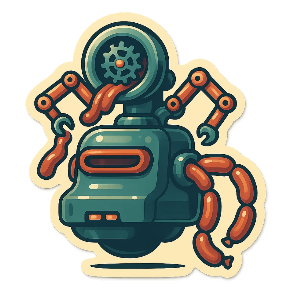 sausage-processing droid. retro-futuristic style. top is a large circular industrial grinder rotating gears and blades. Two robotic arms feed material into grinder. Sausage links extrude from the rear like  factory. The body is metallic, compact, and floats above the ground.no legs. Dark humor sticker