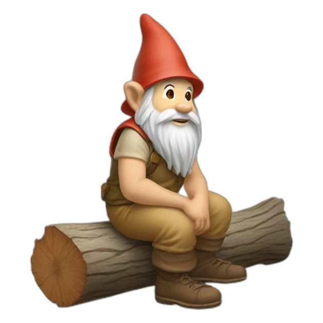 side view of gnome with light tan pants squatting above tiny brown log sticker