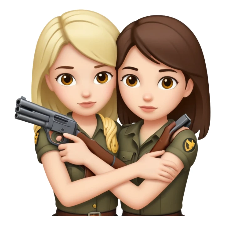 two girls hugging eachother and holding guns sticker