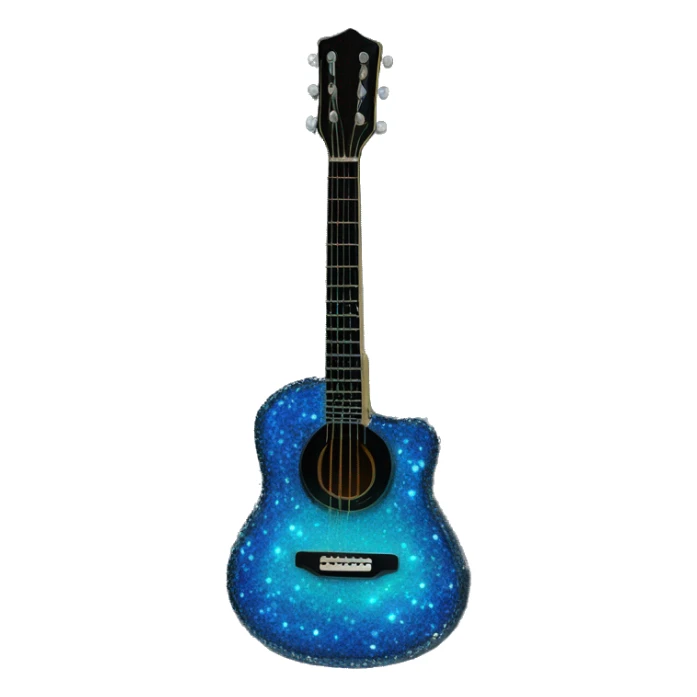 Realistic neon blue to black acoustic guitar with sparkly shiny glitter and diamonds on it. sticker
