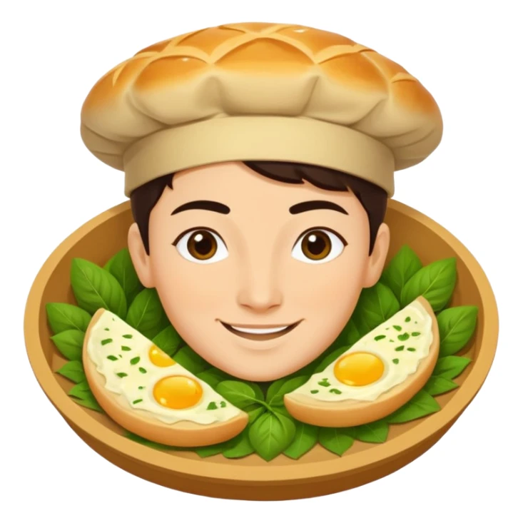 Georgian cuisine avatar in bright emoji-style illustration. Khachapuri and herbs, rich golden and green colors, simple shapes, flat design, strong character. sticker