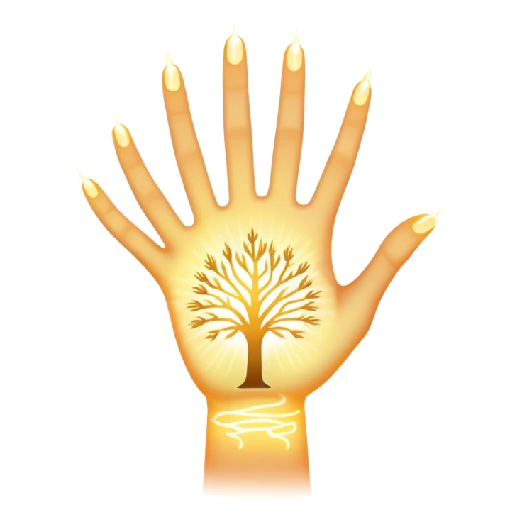 ethereal glowing hand with intricate symbolic palm lines, radiating mystical energy sticker