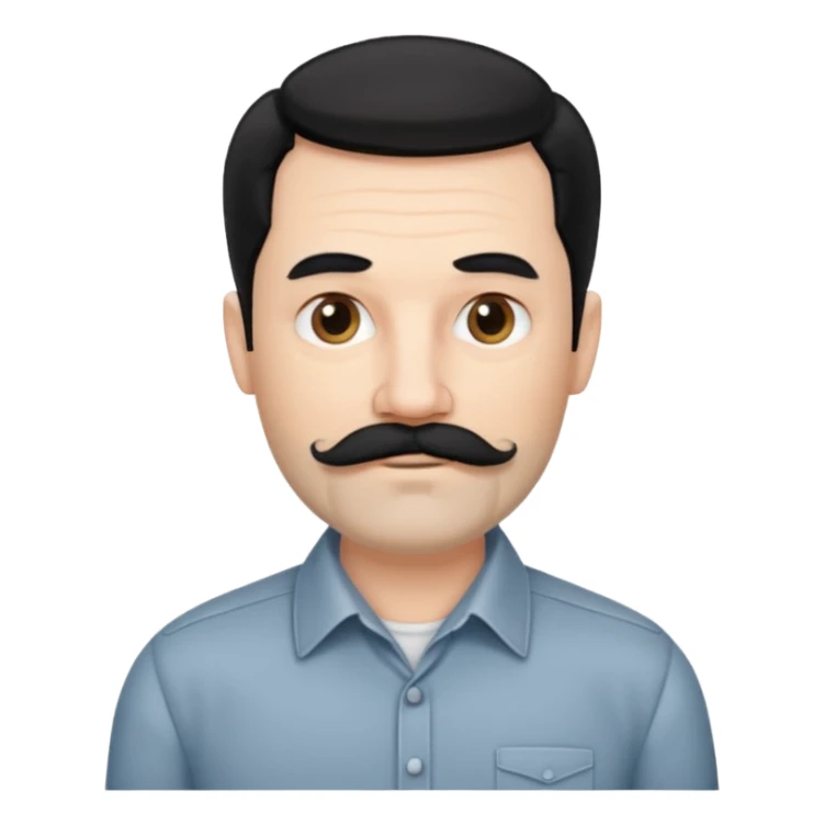 50 yr old white man, pale skin black hair with some grey highlights, side swept part, groomed moustache and beard sticker