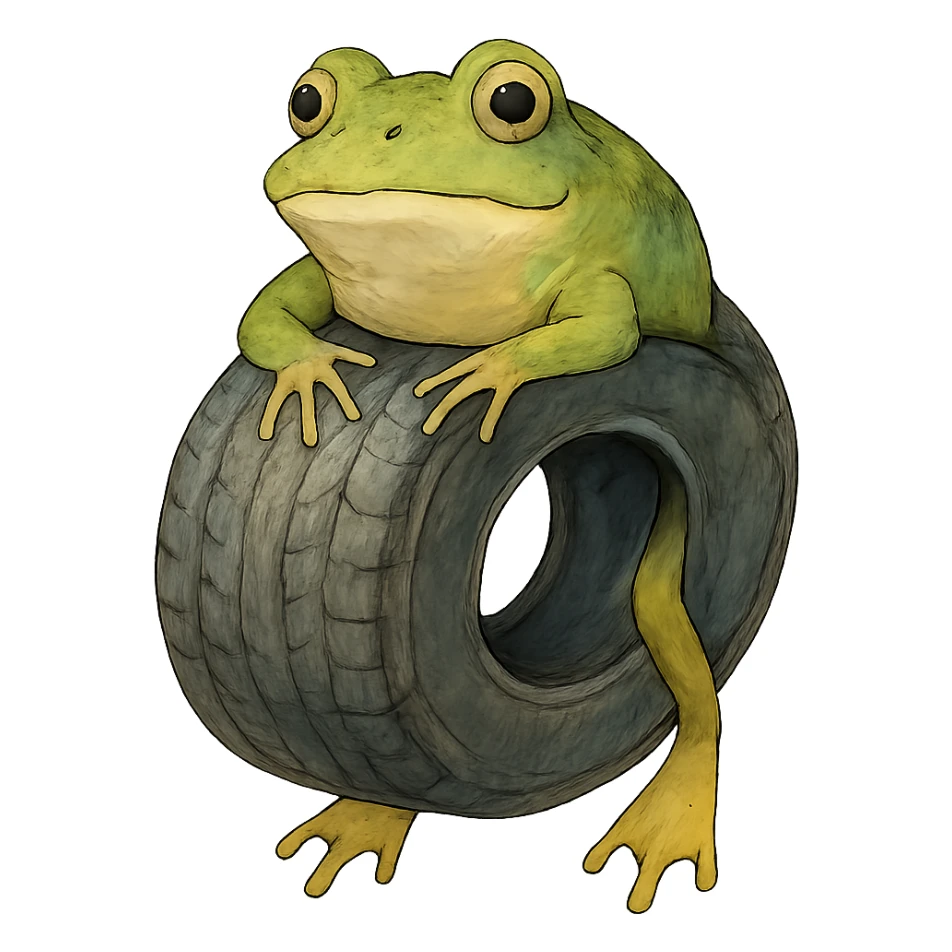 ghibli style frog head on a tire with legs emerging sticker