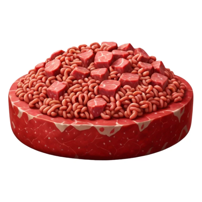 mound of raw minced beef, rich red, visible grind texture, fresh and moist, some marbling or fat flecks, natural irregularities, soft lighting, subtle shadows, no packaging, no plate, no faces, transparent background, emoji scale sticker