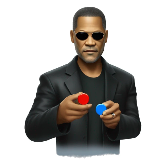 Neo, Lawrence fishburne from the matrix, holding red and blue pill sticker