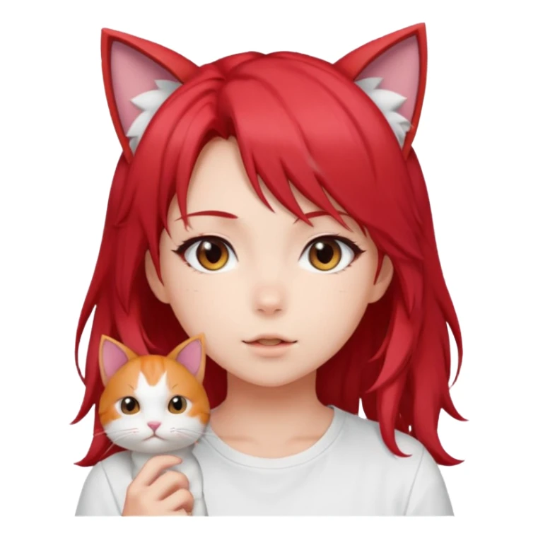 cute anime girl with cat ears, red blowing hair sticker