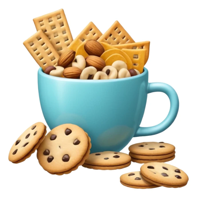 3D minimal icon with a variety of snacks (chips, cookies, crackers, nuts) arranged abundantly, plus a small neutral cup (not a soda cup). Include a subtle accent in #FF3D00. Clean and modern style. sticker