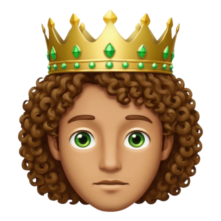 Man with curly brown hair, green eyes, wearing a crown sticker