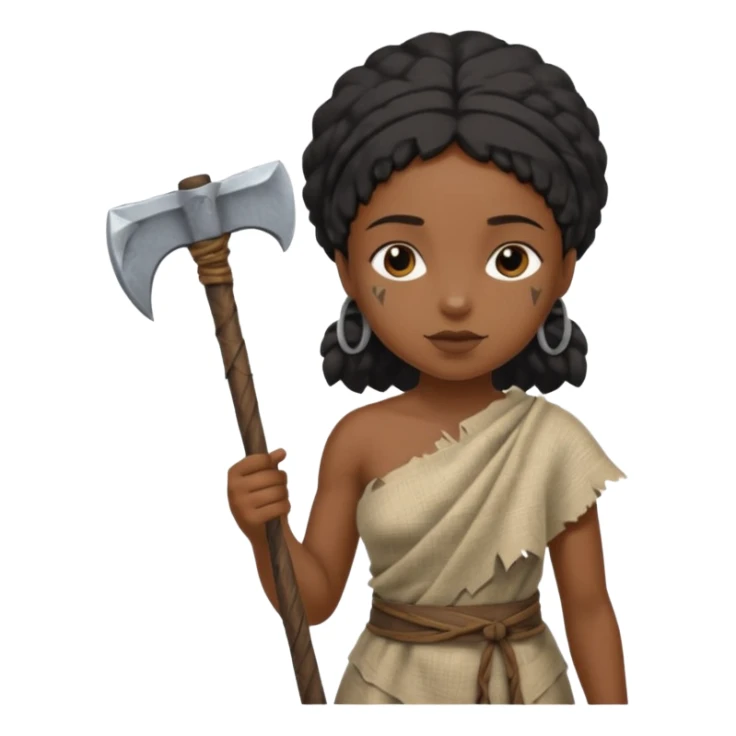 ancient black girl, tattered leaf cloth, hold broken stone ax sticker
