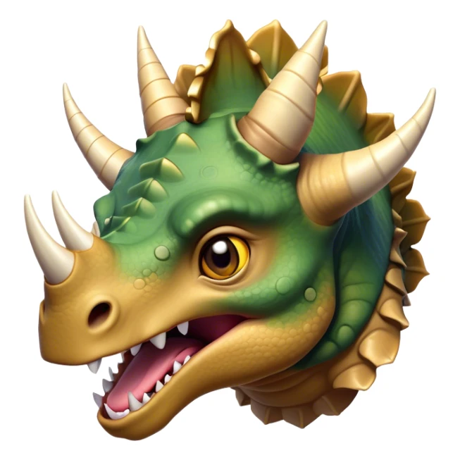 Cinematic Comical Triceratops Portrait Emoji, Head tilted dramatically with an exaggeratedly shocked expression, featuring a stout, armored body with three comically exaggerated horns and a frilled head, wide, comically expressive eyes full of playful disbelief, Simplified yet hilariously expressive features, highly detailed, glowing with a slightly sassy prehistoric glow, high shine, dramatic yet playful, stylized with an air of cheeky dinosaur mischief, soft glowing outline, capturing the essence of a meme-worthy Triceratops that looks ready to side-eye its way into viral fame! sticker