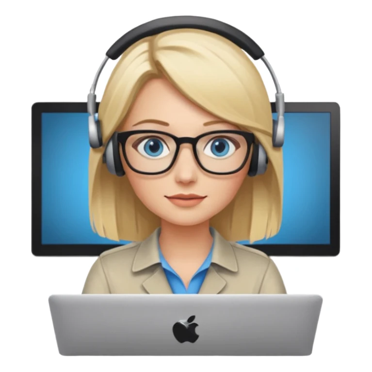 donna bionda occhi azzurri con occhiali, capelli media lunghezza lisci, è al pc è una grafica editoriale e redattrice sticker