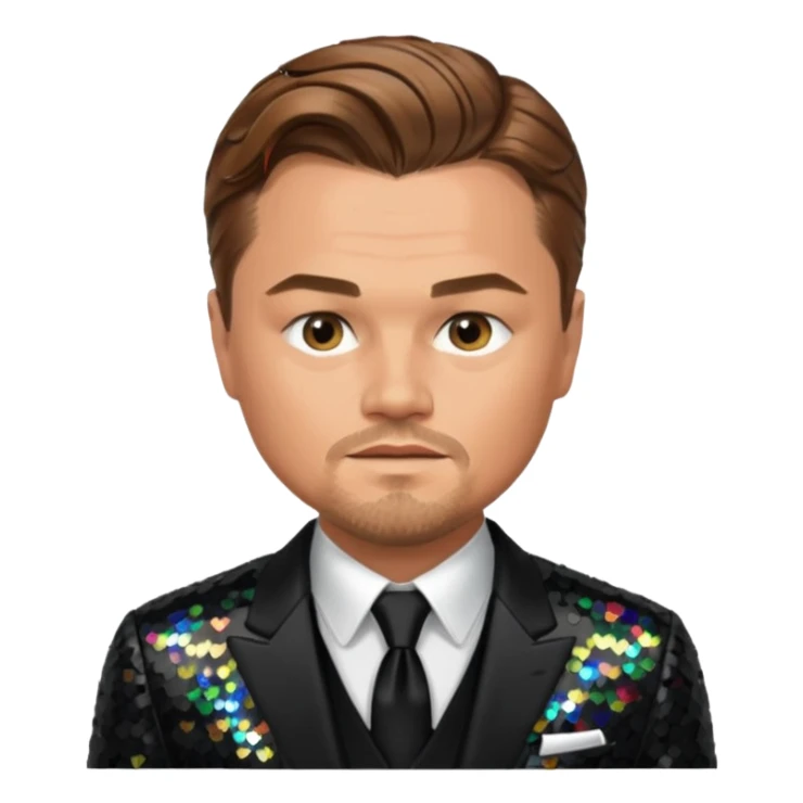 Leonardo DiCaprio with light brown hair, black sequin suit sticker
