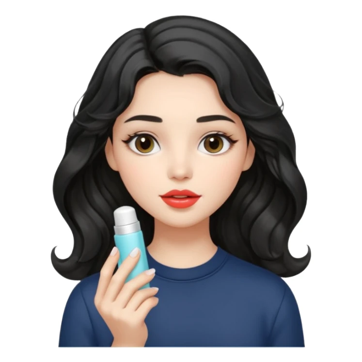 “Girl with light-black wavy hair, soft and flowing. She holds a asthetic lip balm just near her lips, about to apply it. The lip balm gives her lips a subtle glossy shine, making them look smooth, hydrated, and naturally prettyy sticker